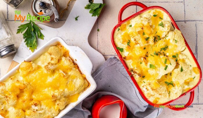 Loaded Cheesy Cauliflower Casserole dish recipe idea. Create an easy and simple vegetable side dish with cheese sauce for dinner, vegetarian.