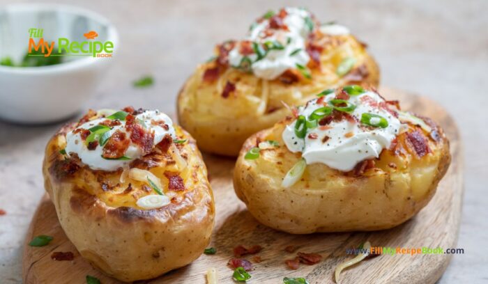 Loaded Baked Potatoes Grilled recipe. Easy homemade potato jackets filled with cream cheese and bacon bits topped with cheddar for a meal.