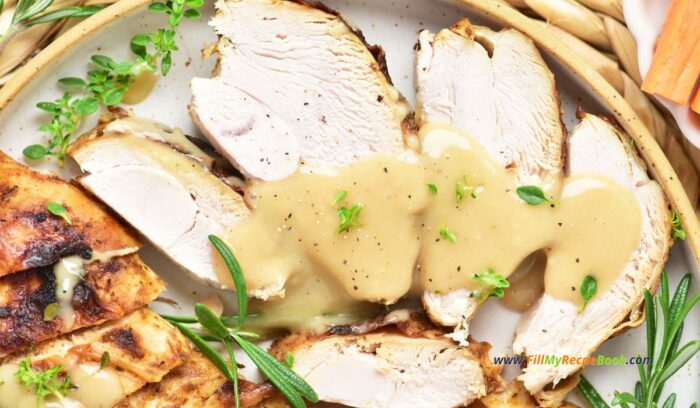 Grab this easy moist tender Roasted Turkey Breast Recipe with a marinade idea for Thanksgiving or any meal, for lunch or dinner with sides.