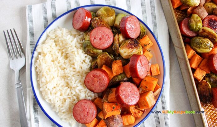 Tasty Sausage and Veggies Sheet Pan Dinner recipe. An all in one easy meal to put together and bake in oven for supper or lunch with sides.