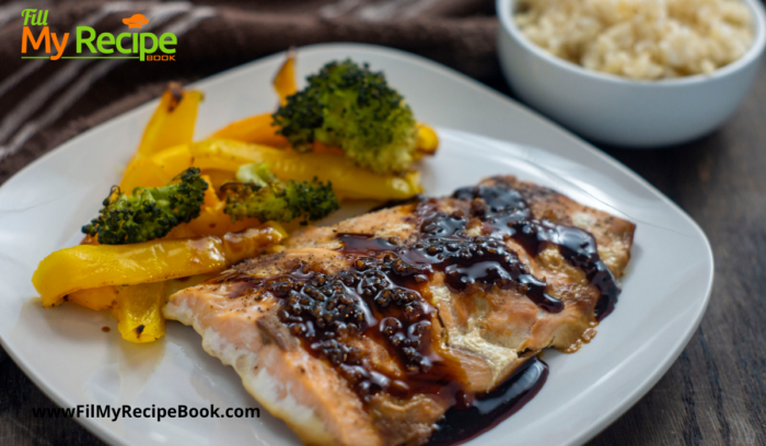 Best Molasses Glazed Oven Baked Salmon Recipe. A seafood dinner with vegetables and rice. Soy and molasses sauce make an amazing glaze.