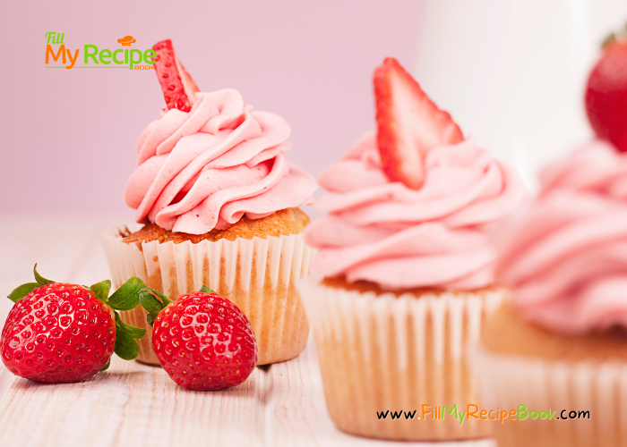 Strawberry Frosted Vanilla Cupcake Recipe. A plain vanilla cupcake with simple fresh strawberry icing idea with sprinkles for dessert.