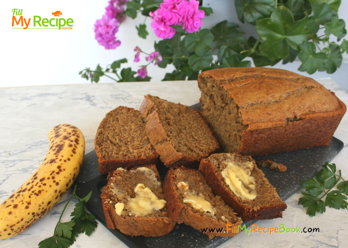 Tasty Banana Bread Loaf recipe idea. Easy moist and delicious snack that is healthy. versatile for a dessert or food for midday or breakfast.