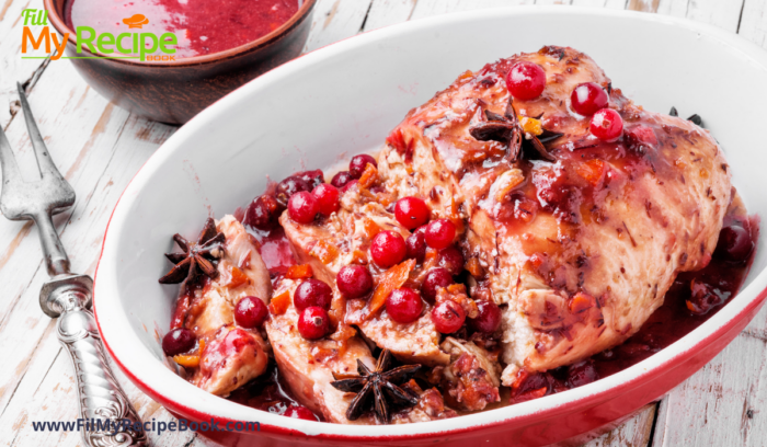 Apple Cranberry Stuffed Chicken Breast recipe. An easy bake idea with grilled chicken stuffed with honey, mustard and fruit mixture.