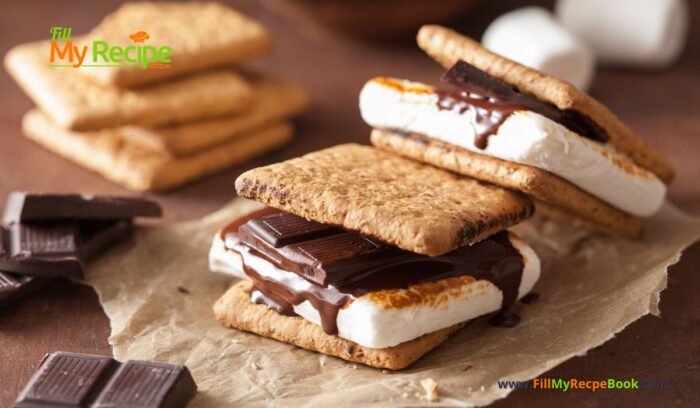 Homemade Marshmallow s’mores with Chocolate and crackers recipe idea. Melted marshmallows on the open fire while camping in spring or summer.