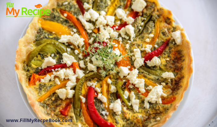 Quick Fajita Veggie Quiche recipe idea. Fajita vegetables of bell peppers and onion makes a versatile easy meatless quiche for vegetarians

