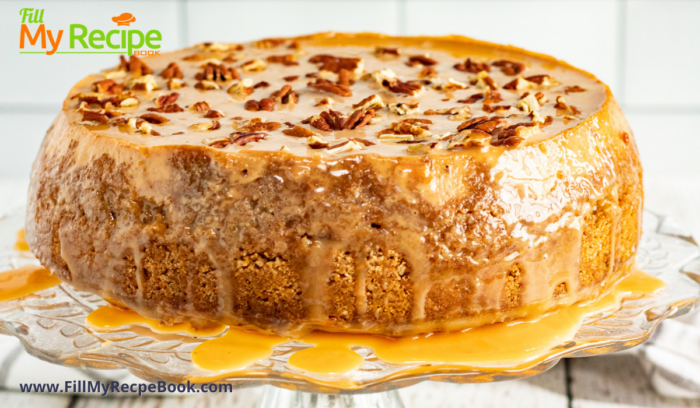 Instant Pot Salted Caramel Apple Cheesecake recipe. Delicious easy recipe for dessert for tea and decorated with pecan nuts for crunch.