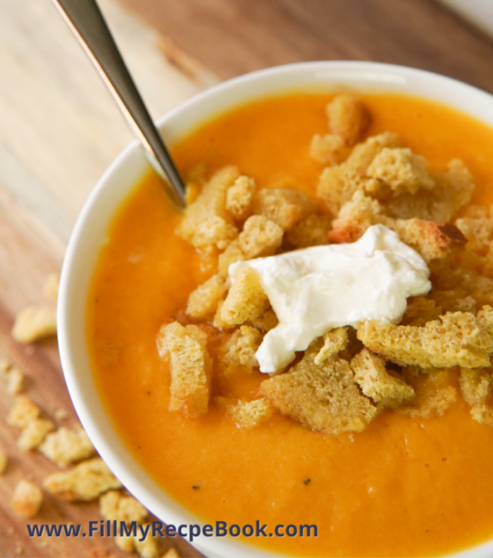 Roasted Butternut Creamy Soup recipe. An easy creamy soup made with roasted butternut squash with herbs and maple syrup for those warm meals.