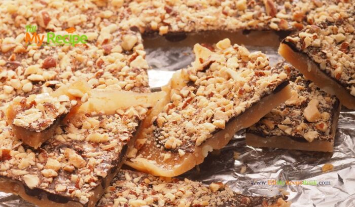 Homemade Chocolate Toffee Almond Bars on a shortbread base recipe. An easy candy topped cookie bar that taste like toffee, with nuts for snacks.