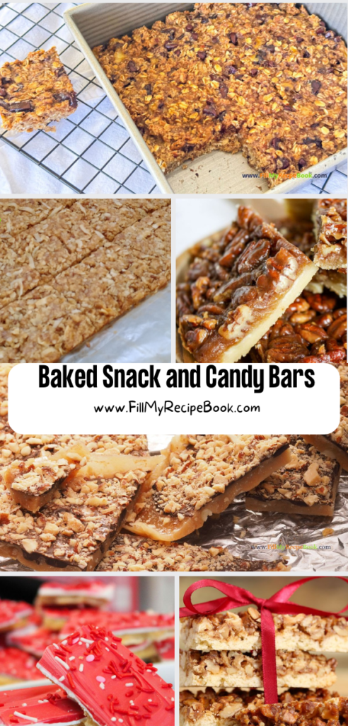 A selection of Baked Snack and Candy Bars recipes ideas to create with shortbread bases, adding crushed nuts or candy for Oven Baked Desserts.