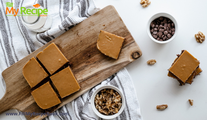 Brownies with Peanut Salted Caramel Sauce Recipe. These Brownies are made with dates, nuts and coconut makes a raw snack with caramel on top.