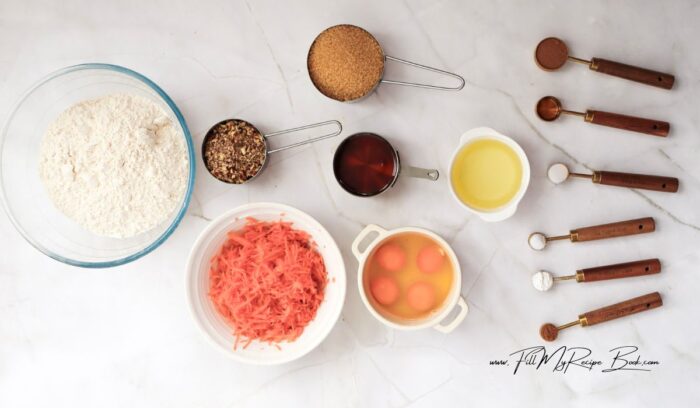 Ingredients for Carrot Bundt Cake with Maple Syrup. With the normal ingredients added we use cinnamon and nutmeg and olive oil to keep the cake moist. also added, pecan or walnuts and frosted the bundt cake with cream cheese.