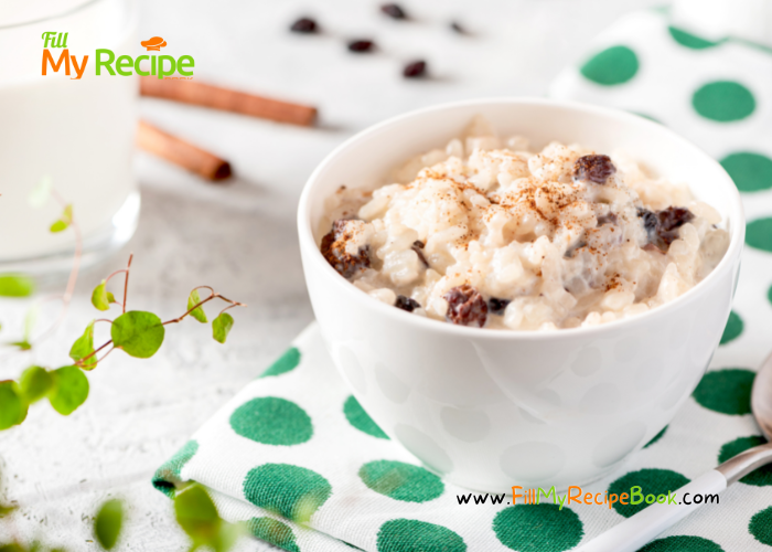 Creamy Raisin Cinnamon Rice Pudding recipe. Easy traditional old dessert for a simple stove top boil, cook idea and condensed milk.