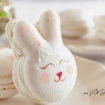 Cute Easter Bunny Macarons Recipe idea for dessert. An Oven Baked homemade design and decorated face with ears, filled with whipped white chocolate ganache