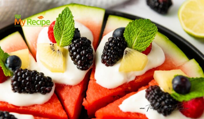 Easy, healthy watermelon berry pizza recipe topped with Greek yogurt and honey, made in minutes with no added sugars for snacks.