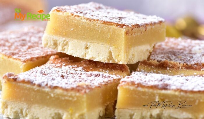 A Homemade Lemon Bars Recipe idea. Bake this buttery shortbread base with lemon zest and juice topping dusted with powdered sugar.