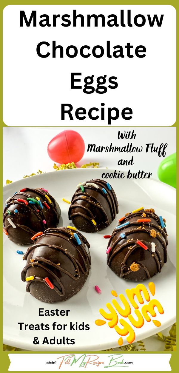 Marshmallow Chocolate Eggs Recipe with cookie butter. Best DIY homemade idea with a mold, filled marshmallow fluff, decorated with sprinkles.