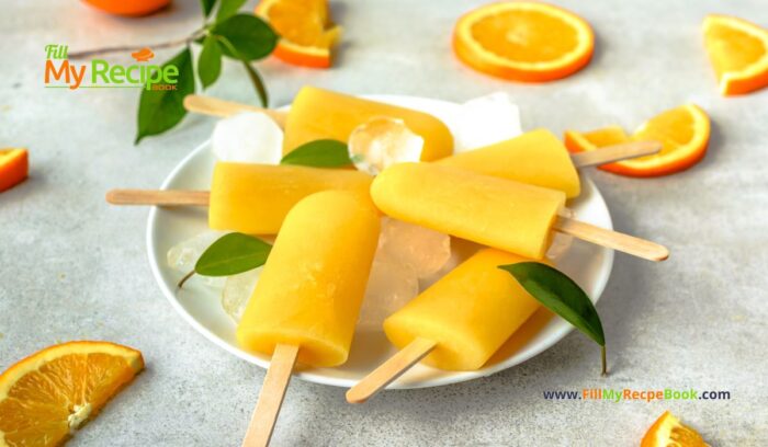 Simple Homemade Orange Popsicles recipe. A Summer time snack with fresh orange juice, frozen ice cream for kids and adults to enjoy.