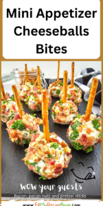 Mini Appetizer Cheeseballs Bites recipe for a No Bake party snack. Easy individual cheeseballs with bacon, pecan nuts, with a pretzel stick.